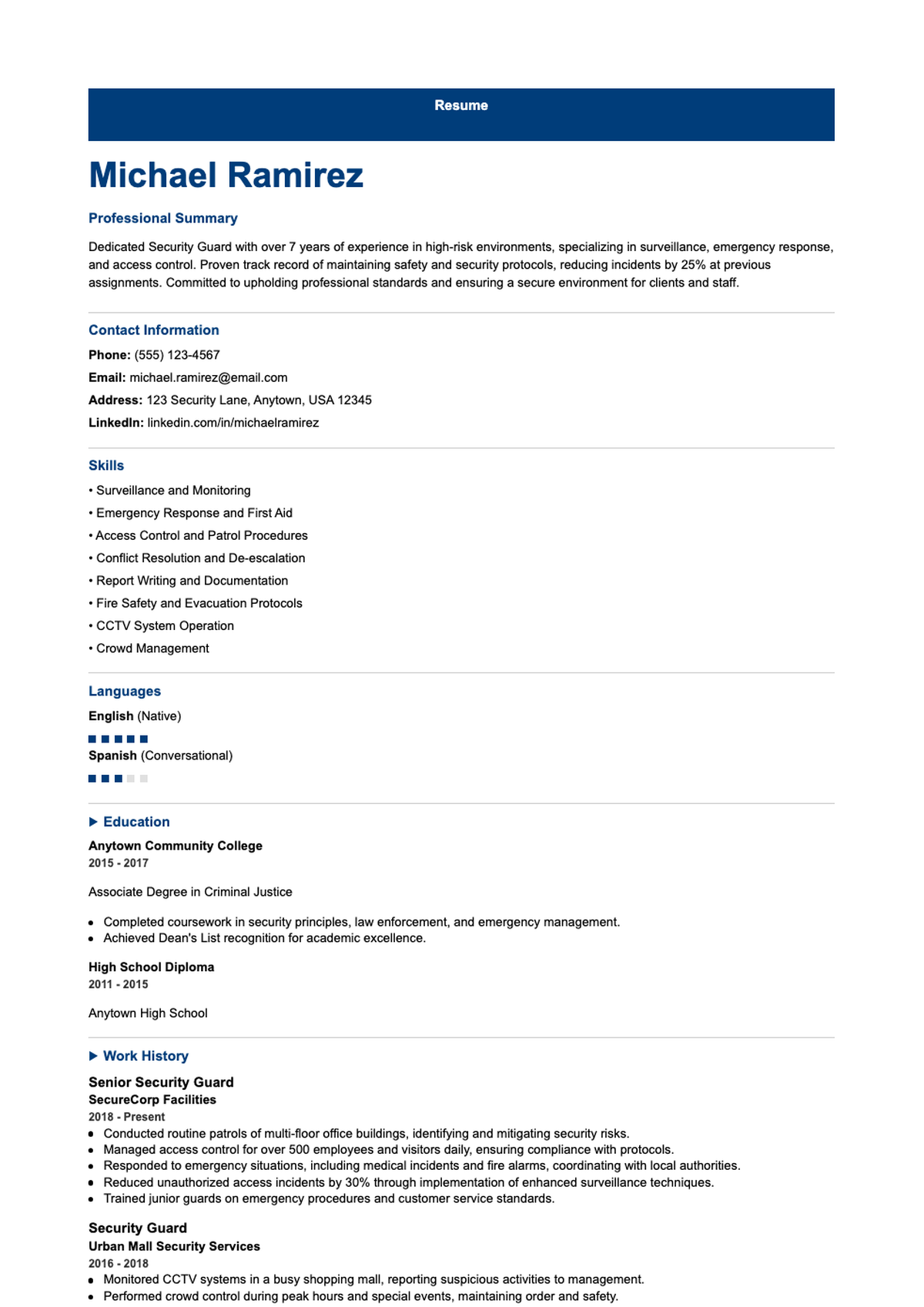 Professional security guard resume with education and work history_variant_2